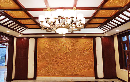 港北中式别墅客厅中式木作横梁吊顶装饰展示