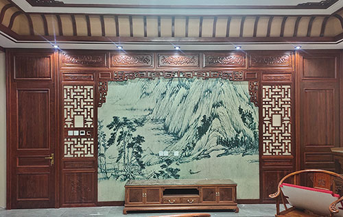 港北中式仿古别墅客厅背景墙花格木作装饰